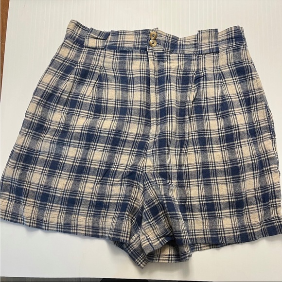 Super high rise vintage linen plaid shorts navy tan state of the art mom - Picture 2 of 8